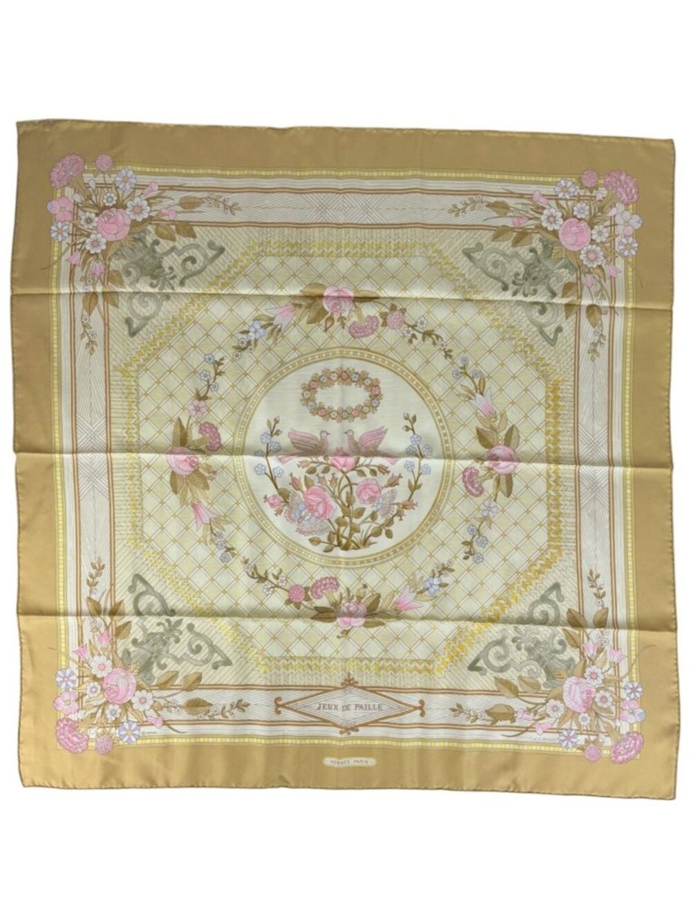 Hermes Carre 90 Jeux de Paille Scarf Straw Play Silk Beige Multicolor